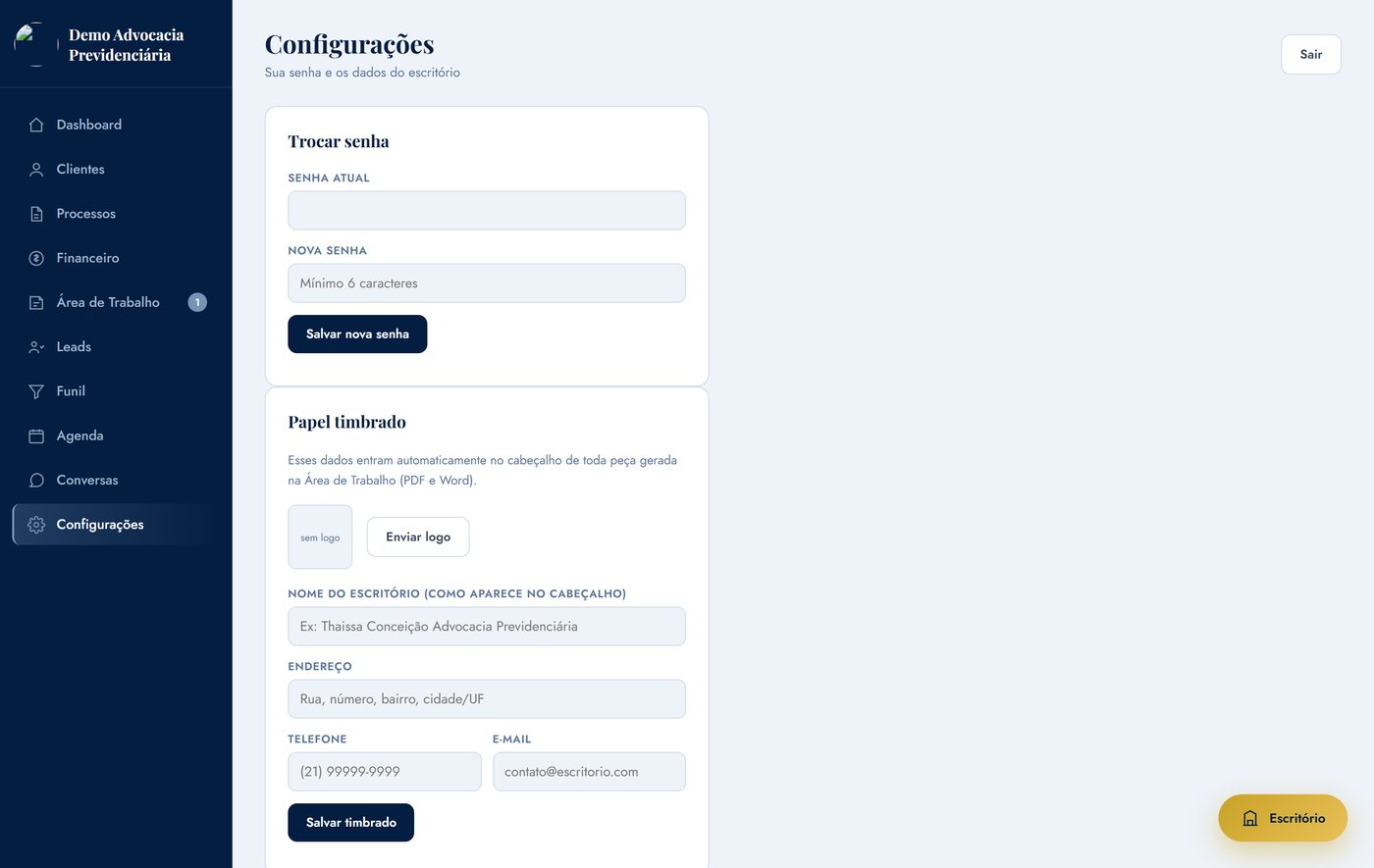 Tela de Configurações do painel: papel timbrado com logo, nome, endereço e contato do escritório